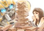  1boy 1girl autobot blue_eyes brown_eyes brown_hair bumblebee bumblebee_(film) charlie_watson glowing glowing_eyes head_tilt highres insignia jenga looking_down mecha science_fiction smile transformers transformers_(live_action) xiangbei_zhinan 