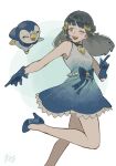  1girl ;d bangs bare_arms blue_dress blue_footwear blue_gloves blush crescent crescent_hair_ornament dawn_(pokemon) dress eyelashes floating_hair gen_4_pokemon gloves gradient_dress grey_eyes hair_ornament high_heels long_hair omyo_(myomyomyo22) one_eye_closed open_mouth piplup pokemon pokemon_(anime) pokemon_(creature) pokemon_swsh_(anime) shiny shiny_hair signature sleeveless sleeveless_dress smile symbol-only_commentary tongue upper_teeth 