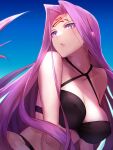  1girl bikini black_bikini black_swimsuit blue_sky breasts cleavage collarbone day fate/stay_night fate_(series) forehead large_breasts long_hair looking_at_viewer medusa_(fate) medusa_(rider)_(fate) minami_koyogi outdoors purple_eyes purple_hair sky solo swimsuit very_long_hair 