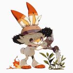  bandaid bandaid_on_face bluekomadori brown_eyes brown_headwear closed_mouth commentary fire gen_8_pokemon hat holding holding_watering_can leaf no_humans paws pokemon pokemon_(creature) pouring scorbunny smile solo standing straw_hat toes water watering watering_can 