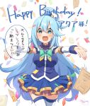  1girl aqua_(konosuba) bangs bare_shoulders blue_eyes blue_hair blue_skirt blush bow bowtie breasts commentary_request cowboy_shot detached_sleeves eyebrows_visible_through_hair green_bow hair_between_eyes hair_ornament hair_rings happy_birthday highres holding kono_subarashii_sekai_ni_shukufuku_wo! large_breasts long_hair looking_at_viewer nut_megu open_mouth paper skirt smile solo thighhighs translation_request white_background white_legwear zettai_ryouiki 