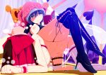  2girls all_fours bdsm belt blue_hair blue_legwear book bound bound_legs bow breasts breasts_outside bright_pupils brown_hair censored closed_mouth commission covered_face cross-laced_clothes cross-laced_legwear crossed_legs cup dominatrix doremy_sweet femdom futa_with_female futanari hair_bow hakurei_reimu hanging_breasts heart heart_censor high_heels highres holding holding_book holding_cup human_chair human_furniture implied_futanari large_breasts leaning_back medium_hair multiple_girls navel nipples nude pink_headwear precum precum_drip precum_pool purple_eyes reading red_bow sitting sitting_on_person skeb_commission skindentation sweat tail teacup thigh_strap thighhighs touhou white_pupils wristband yassy 
