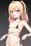  1girl :d bangs bare_arms bare_shoulders bikini black_background black_bikini black_ribbon blonde_hair blue_eyes collarbone commentary_request eyebrows_visible_through_hair gradient gradient_background grey_background hair_between_eyes hair_ribbon kanzaki_muyu looking_at_viewer micro_bikini navel open_mouth original ribbon side-tie_bikini smile solo swimsuit translated twintails 