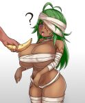  1girl ? antenna_hair banana bandages breasts budget_sarashi curvy dark_skin drooling food fruit green_hair highres huge_breasts long_hair monster_girl_encyclopedia mummy_(monster_girl_encyclopedia) naked_bandage nav one_eye_covered outstretched_arms purple_eyes ringed_eyes sarashi short_stack solo_focus thighhighs tongue tongue_out zombie_pose 