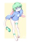  1girl absurdres animal_ears animal_nose artist_name ass_visible_through_thighs bangs barefoot bell blue-framed_eyewear blue_eyes blue_sweater blush body_fur border bottomless cat_girl cat_tail closed_mouth commentary commission english_commentary eyebrows_visible_through_hair fang flong full_body furry furry_female glasses green_fur green_hair groin hand_up happy highres jingle_bell looking_at_viewer original outside_border paws pussy rabbit_ears rabbit_girl round_eyewear shiny shiny_hair short_hair sidelocks signature simple_background sleeves_past_wrists smile solo standing star_(symbol) sweater tail tail_bell tail_ornament two-tone_fur uncensored white_border white_fur yellow_background 