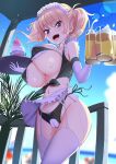  1girl alcohol apron beach beer bikini blonde_hair breasts day earrings elbow_gloves garter_belt gloves highres jewelry large_breasts looking_at_viewer maid_apron maid_bikini medium_hair mole navel original purple_eyes revealing_clothes sakamata shaved_ice smile solo sunlight swimsuit thighhighs twintails 