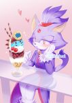  1girl animal_ears blaze_the_cat blush cat_ears cat_girl cat_tail commentary_request dress eating food furry furry_female gloves hand_on_own_cheek hand_on_own_face heart ice_cream iiimirai long_sleeves purple_dress solo sonic_(series) tail white_gloves yellow_eyes 