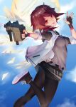  1girl :p absurdres aiming_at_viewer arknights bangs black_footwear black_gloves blue_sky chen3skuld cloud cloudy_sky exusiai_(arknights) fingerless_gloves gloves grey_shirt gun hair_between_eyes halo highres holding holding_gun holding_weapon jacket jumping kriss_vector leggings looking_at_viewer looking_back red_eyes red_hair shirt shoes short_hair sky sleeves_past_elbows sneakers solo submachine_gun tongue tongue_out weapon white_jacket wings 