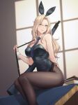  1girl animal_ears black_leotard black_neckwear blonde_hair breasts collar commentary_request detached_collar fake_animal_ears grey_eyes gun highres hornet_(kancolle) kantai_collection large_breasts leotard long_hair necktie odachu pantyhose playboy_bunny rabbit_ears rifle sitting sitting_on_table sleeveless smile strapless strapless_leotard weapon white_collar wrist_cuffs 