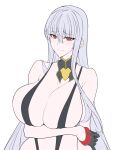  1girl arm_under_breasts bangs black_gloves blush breasts cleavage detached_collar eyebrows_visible_through_hair flat_color gloves hair_between_eyes halcon holding_own_arm large_breasts long_bangs long_hair looking_at_viewer red_eyes selvaria_bles senjou_no_valkyria_(series) senjou_no_valkyria_1 silver_hair simple_background slingshot_swimsuit solo swimsuit upper_body white_background work_in_progress 