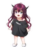  1girl absurdres black_skirt blue_eyes child fangs fingernails full_body heterochromia highres hololive hololive_english horns irys_(hololive) jan_azure multicolored_hair multiple_horns oversized_clothes oversized_shirt purple_eyes red_eyes shirt skirt slippers solo t-shirt transparent_background virtual_youtuber white_footwear younger 