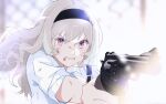  1girl aiming bangs black_hairband blonde_hair blood blood_on_face blurry blurry_background chain-link_fence clenched_teeth commentary_request fence foreshortening glaring gun hairband hand_up holding holding_gun holding_weapon injury long_hair nijiko_(c2cs4q) pink_eyes revolver saijou_claudine shirt shoujo_kageki_revue_starlight sleeves_rolled_up solo teeth weapon white_shirt 