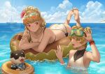  &gt;_&lt; 2girls :d animal arm_up artist_name bare_arms bare_shoulders barefoot bikini blonde_hair blue_sky boat breasts brown_eyes cleavage closed_eyes closed_mouth cloud cloudy_sky collarbone commentary crossed_arms day diving_mask diving_mask_on_head dog double_bun dragalia_lost emma_(dragalia_lost) english_commentary fang feet goggles goggles_on_head hentaki horizon innertube lea_(dragalia_lost) legs_up lying medium_breasts multiple_girls ocean on_stomach open_mouth outdoors palm_tree ponytail red_eyes sailboat sky small_breasts smile soles summer swimsuit the_pose toes tree water watercraft watermark web_address white_bikini wristband 