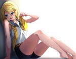  1girl absurdres against_wall bangs barefoot black_shorts blonde_hair blue_eyes collared_shirt commentary grey_sailor_collar hair_between_eyes hair_ornament hairclip highres inu8neko kagamine_rin leaning_back legs medium_hair nail_polish sailor_collar sailor_shirt shirt short_shorts shorts simple_background sitting sleeveless sleeveless_shirt solo sweat swept_bangs toenail_polish toenails tongue tongue_out vocaloid white_background white_shirt yellow_nails 