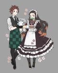  1boy 1girl alternate_costume apron bit_gag black_hair black_neckwear black_pants black_vest brother_and_sister brown_hair cake checkered checkered_apron closed_mouth dress earrings enmaided flower food frilled_dress frills gag grey_background highres holding jewelry kamado_nezuko kamado_tanjirou kimetsu_no_yaiba long_hair maid maid_headdress multicolored_hair necktie pants papajay_(jennygin2) pink_eyes red_hair scar scar_on_face shirt siblings simple_background standing steam symbol-only_commentary teapot vest waist_apron waiter waitress white_apron 
