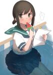  1girl black_hair blue_sailor_collar blue_skirt blush commentary eyebrows_visible_through_hair food fubuki_(kancolle) green_eyes highres holding holding_food holding_paper kantai_collection looking_at_viewer ma_rukan paper partially_submerged popsicle sailor_collar school_uniform serafuku short_hair short_ponytail short_sleeves signature skirt solo watermelon_bar 