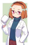  1girl blue_sweater blush breasts brown_headband brown_pants coffee_mug commentary_request cowboy_shot cup dohna_dohna glasses gloves hair_pulled_back hand_in_pocket hand_up headband highres holding holding_cup labcoat light_frown looking_at_viewer medium_breasts medium_hair mob_(dohna_dohna) mug naga_u name_tag orange_hair pants pink_eyes simple_background solo sweater turtleneck white_gloves 
