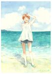  1girl arm_behind_back beach blush casual closed_eyes cloud collarbone dated halterneck hand_up happy hill horizon izumi_noa kidou_keisatsu_patlabor ocean open_mouth orange_hair sandals shadow short_hair shorts signature solo swimsuit swimsuit_under_clothes traditional_media ususionorisio water watercolor_(medium) 