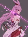  1girl absurdres animal_ears back bangs bare_shoulders breasts closed_mouth fox_ears grey_background hair_between_eyes highres holding holding_sword holding_weapon honkai_(series) honkai_impact_3rd katana long_hair looking_at_viewer looking_back petals pink_eyes pink_hair pink_skirt sheath sideboob simple_background skirt solo sword tiankong_pie_ai weapon yae_sakura yae_sakura_(gyakushinn_miko) 