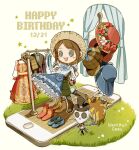  1boy 1girl apron blue_dress blush brown_footwear brown_hair button_eyes cat cellphone character_name clothes_rack copyright_name dress dress_removed emma_woods freckles grass happy_birthday hat hat_feather hat_removed headwear_removed identity_v jack_(identity_v) kouri_(kyorosuukeeeeeee) phone red_dress shoes_removed smartphone straw_hat sun_hat window 