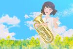  1girl :d bad_link bangs blue_sky blurry blurry_foreground blush brown_hair closed_eyes cloud dress euphonium field flower hand_up hibike!_euphonium highres holding holding_instrument instrument open_mouth oumae_kumiko outdoors plant ratifuu short_hair short_sleeves sky smile solo standing waving white_dress yellow_flower 