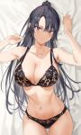  1girl bangs bare_shoulders black_bra black_hair black_panties blush bra breasts cleavage collarbone highres hiiragi_yuuichi lace-trimmed_bra lace_trim large_breasts long_hair looking_at_viewer navel original panties ponytail purple_eyes solo thighs underwear 