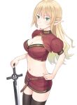  1girl bangs black_legwear blonde_hair breasts cleavage_cutout clothing_cutout commentary_request cross elf eyebrows_visible_through_hair hand_on_hilt hand_on_hip highres holding holding_sword holding_weapon large_breasts long_hair looking_at_viewer meow_(nekodenki) midriff navel original pointy_ears red_skirt short_sleeves simple_background skirt solo sword thighhighs thighs weapon white_background zettai_ryouiki 