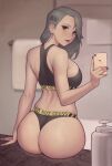  1girl arm_support ass asura_(asurauser) back bare_shoulders bathroom bra breasts brown_eyes cellphone closed_mouth earrings from_behind grey_bra grey_panties hair_behind_ear hair_ornament hairclip highres holding holding_phone jewelry large_breasts long_hair lotion_bottle niijima_sae panties persona persona_5 phone purple_nails selfie sideboob silver_hair sitting smartphone sports_bra thong towel underwear 