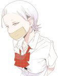  1girl arms_behind_back black_bra bow bowtie bra bra_peek button_gap collar commentary dress_shirt eyelashes face gag grey_eyes highres improvised_gag kishi_torajirou light_purple_hair mask_senpai no_pupils open_collar otome_no_teikoku plaid plaid_bow plaid_neckwear school_uniform shirt short_bangs short_hair short_sleeves simple_background solo tape tape_gag underwear unmoving_pattern upper_body white_background white_shirt 