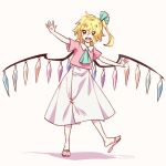  1girl alternate_costume arms_up bangs blonde_hair blue_neckwear blue_ribbon blush collar crystal eyebrows_visible_through_hair flandre_scarlet hair_between_eyes hair_ribbon hands_up holding jewelry looking_at_viewer multicolored multicolored_wings open_mouth pink_footwear pink_shirt pink_sleeves ponytail red_eyes ribbon sandals shikido_(khf) shirt short_hair short_sleeves skirt smile solo standing standing_on_one_leg t-shirt touhou white_skirt wings 