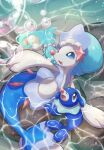  :d absurdres blue_eyes blurry bubble commentary_request fang from_above gen_7_pokemon grey_eyes highres no_humans nullma open_mouth outstretched_arm pokemon pokemon_(creature) popplio primarina signature smile tongue water white_eyelashes 