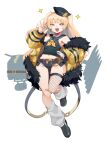  1girl :3 absurdres azur_lane bache_(azur_lane) bandaid bandaid_on_knee belt black_sailor_collar blonde_hair bobby36446329 collar cutoffs fang fishnet_legwear fishnets full_body fur-trimmed_jacket fur_trim hat highres jacket looking_at_viewer loose_socks micro_shorts midriff navel ok_sign open_clothes open_shorts pink_collar purple_eyes ribbed_legwear sailor_collar shorts simple_background single_thighhigh solo sparkle thighhighs twintails white_background wide_hips yellow_jacket 