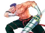  1boy abs absurdres alternate_pectoral_size bandaged_arm bandages bara bruise caladbolg_(fate) closed_eyes closed_mouth fate/grand_order fate_(series) feet_out_of_frame fergus_mac_roich_(fate) fighting_stance grin highres holding holding_polearm holding_weapon injury large_pectorals long_sideburns male_focus muscular muscular_male nipples open_mouth pectorals polearm purple_hair rainbow scar scar_on_chest short_hair sideburns smile solo stomach topless_male undercut weapon yudama_(blackdragonmy) 