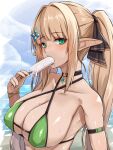  1girl beach bikini black_ribbon blonde_hair blue_sky blush breasts choker cloud collarbone commentary_request eating elf eyebrows_visible_through_hair food green_bikini green_eyes hair_ribbon halterneck hiruno large_breasts long_hair looking_at_viewer ocean original pointy_ears ponytail popsicle ribbon skindentation sky solo swimsuit upper_body 