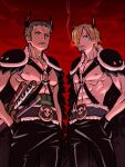  2boys abs bare_pectorals belt black_pants blonde_hair chest_harness cigarette green_hair hair_over_one_eye hands_in_pockets harness horns katana looking_at_viewer male_focus multiple_boys nipples o-ring o-ring_top official_alternate_costume one_piece pants pectorals roronoa_zoro sanji scar scar_across_eye scar_on_chest short_hair sideburns smoking sword taro_(honyarara00) toned toned_male weapon 