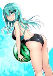  1girl alternate_costume aqua_eyes aqua_hair ass black_swimsuit breasts competition_swimsuit hair_ornament hairclip highleg highleg_swimsuit highres kantai_collection kuromayu large_breasts long_hair one-piece_swimsuit one_eye_closed solo suzuya_(kancolle) swimsuit 