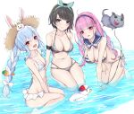  3girls absurdres ahoge all_fours animal_ears balloon bangs bikini bird black_hair blue_eyes blue_hair blunt_bangs blush bow braid breasts carrot_hair_ornament cleavage closed_mouth collarbone detached_collar duck eyebrows_visible_through_hair food-themed_hair_ornament frilled_bikini frills full_body grey_bikini hair_bow hair_ornament hairclip hat highres holding holding_balloon hololive large_breasts light_blue_hair long_hair minato_aqua multicolored_hair multiple_girls navel neko_(minato_aqua) nousagi_(usada_pekora) oozora_subaru open_mouth orange_eyes parted_lips partially_submerged pink_hair purple_eyes rabbit_ears rabbit_girl seiza sherryqq short_hair side-tie_bikini sitting skindentation small_breasts smile straw_hat striped striped_bikini subaru_duck swept_bangs swimsuit thick_eyebrows twin_braids two-tone_hair usada_pekora very_long_hair virtual_youtuber wariza water white_hair 