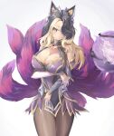  1girl absurdres ahri animal_ears banjjak_gwanggi black_hair black_legwear blonde_hair blush breasts check_commentary cleavage commentary_request coven_ahri fox_ears fox_tail hair_over_one_eye highres korean_commentary large_breasts league_of_legends looking_at_viewer multicolored_hair multiple_tails simple_background skull solo tagme tail two-tone_hair white_background yellow_eyes 