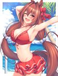  1girl ;d absurdres animal_ears arm_behind_head arm_up armpits beach bikini blue_sky bow breasts cloud daiwa_scarlet_(umamusume) day fang frilled_bikini frills hair_bobbles hair_bow hair_ornament hanpenmaru highres horse_ears horse_girl horse_tail large_breasts long_hair looking_at_viewer navel ocean official_alternate_costume one_eye_closed open_mouth outdoors red_bikini red_bow red_eyes red_hair sky smile solo swimsuit tail teeth twintails umamusume upper_teeth very_long_hair 