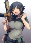  1girl 9s0ykoyama117 absurdres assault_rifle bangs belt black_hair braid brown_eyes collared_shirt commentary ear_protection eyebrows_visible_through_hair fn_scar girls_und_panzer gradient gradient_background green_pants grey_background grey_shirt gun hair_ribbon headphones headphones_around_neck highres holding holding_gun holding_weapon holster looking_at_viewer open_mouth pants pepperoni_(girls_und_panzer) ribbon rifle shirt short_hair short_sleeves side_braid smile solo standing trigger_discipline utility_belt weapon white_ribbon 