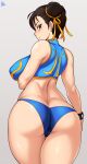  1girl absurdres artist_name ass bangs bare_shoulders blue_panties blush bow bowtie bracelet breasts brown_eyes brown_hair butt_crack cameltoe chun-li closed_mouth commentary_request double_bun from_behind grey_background highres jewelry jmg large_breasts panties shiny shiny_clothes shiny_hair shiny_skin simple_background solo street_fighter street_fighter_zero_(series) thighs tied_hair underwear 