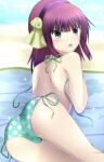  1girl angel_beats! bangs beach bikini blunt_bangs blurry blurry_background blush bow day eyebrows_visible_through_hair green_bikini green_bow green_eyes green_ribbon hair_bow hairband highres lelie long_hair looking_at_viewer looking_back open_mouth outdoors polka_dot polka_dot_bikini purple_hair purple_hairband ribbon shiny shiny_hair solo summer swimsuit untied untied_bikini yuri_(angel_beats!) 