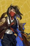  1girl black_hair brown_eyes cindy_moon hanbok hands_in_pockets highres jacket jacket_on_shoulders juby korean_clothes looking_to_the_side marvel mask medium_hair mouth_mask silk_(marvel) solo spider_web_background wind wind_lift yellow_background 