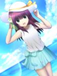  1girl :d angel_beats! aqua_eyes bangs blue_bow blue_skirt blue_sky blunt_bangs bow cloud day dutch_angle eyebrows_visible_through_hair green_bow hair_bow hairband hat hat_bow hat_ribbon highres lelie lens_flare long_hair looking_at_viewer miniskirt ocean open_mouth outdoors pleated_skirt purple_hair purple_hairband ribbon shirt skirt sky sleeveless sleeveless_shirt smile solo standing straight_hair summer sun_hat white_headwear white_shirt yellow_bow yellow_ribbon yuri_(angel_beats!) 