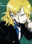  1boy alternate_hairstyle black_suit blonde_hair blue_shirt cigarette hair_over_one_eye looking_to_the_side male_focus necktie older one_piece sanji shirt short_hair smoking solo taro_(honyarara00) upper_body 