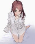  1girl bare_legs barefoot blush collarbone highres holding holding_clothes holding_shirt idolmaster idolmaster_cinderella_girls kneeling long_sleeves looking_away looking_down mifune_miyu momose_(oqo) no_pants oversized_clothes oversized_shirt red_hair shirt simple_background sitting sleeves_past_fingers sleeves_past_wrists solo wariza white_shirt 