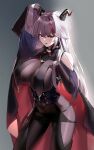  1girl aegir_(azur_lane) azur_lane bangs black_cape black_horns black_legwear bodysuit breast_curtains breasts cape eyebrows_visible_through_hair gradient gradient_background grey_background highres horns large_breasts long_hair looking_at_viewer manu_(pixiv41646715) multicolored_hair purple_hair red_hair solo standing streaked_hair 