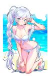  1girl :o bangs beach bikini blue_bikini blue_eyes border braid braided_ponytail breasts collarbone earrings eyebrows_visible_through_hair full_body halterneck hand_on_own_knee highres iesupa jewelry kneeling long_hair navel ocean rwby sandals scar scar_across_eye scar_on_stomach side-tie_bikini side_ponytail small_breasts solo swimsuit thigh_gap tiara two-tone_bikini very_long_hair weiss_schnee white_background white_bikini white_border white_hair 