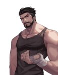  1boy artist_request bad_perspective bandaged_hand bandages bara bare_shoulders beard black_hair black_tank_top brown_hair dungeon_and_fighter eyebrow_cut facial_hair hair_slicked_back large_pectorals male_focus male_priest_(dungeon_and_fighter) mature_male monk_(dungeon_and_fighter) muscular muscular_male mustache official_art pectorals priest_(dungeon_and_fighter) scar scar_across_eye short_hair solo tank_top upper_body 