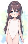  1girl :o bangs bare_arms bare_shoulders black_hair blue_eyes blurry blurry_background blush_stickers collarbone commentary_request covered_navel depth_of_field eyebrows_visible_through_hair groin hair_between_eyes highres long_hair looking_at_viewer meito_(maze) one-piece_swimsuit original parted_lips solo swimsuit very_long_hair white_swimsuit 